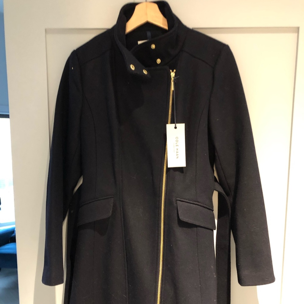 Cole Haan Signature navy belted wool coat NWT